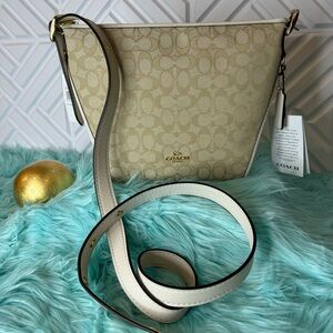 COACH small dufflette Logo Print crossbody strap Beige chalk light gold bag. NWT